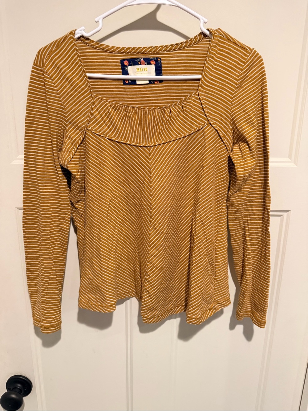 Maeve Anthropologie Mustard Stripe Ruffle-Neck Long Sleeve Top - XS